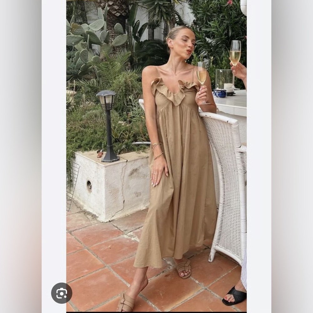 h&m tan FLOUNCE-TRIMMED maxi DRESS